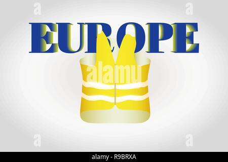 Il giubbotto di colore giallo con strisce luccicanti pende sulle lettere Europa su un gradiente grigio Sfondo. Illustrazione Vettoriale. Illustrazione Vettoriale