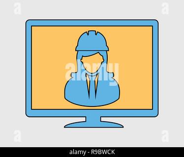 Colorate Ingegneria Online icona Supporto. Simbolo femminile nel monitor del computer. Illustrazione Vettoriale