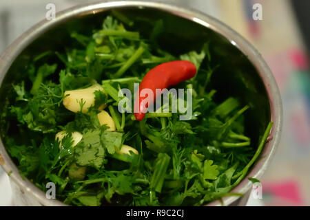 Splendidamente di coriandolo tritato foglie con peperoncino e aglio Foto Stock