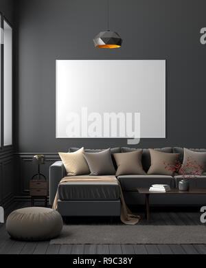 Mock up del fotogramma poster in dark soggiorno moderno interno. 3D illustrazione Foto Stock