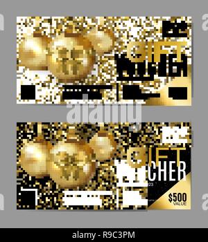 Vector gift voucher modello con le palle di Natale. Golden, in bianco e nero di cartoline. Concetto di design di coupon regalo, invito certificato, fly Illustrazione Vettoriale