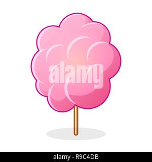 Icona della caramella di cotone, zucchero cloud su stick isolato Illustrazione Vettoriale
