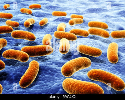 Colonia di virus patogeni. A sfocare lo sfondo di colore blu. 3D render Foto Stock