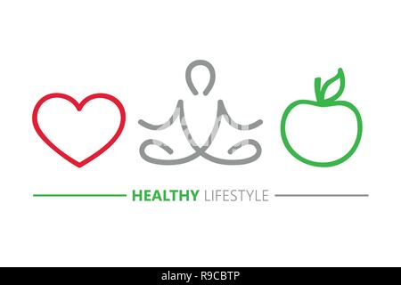 Uno stile di vita sano concetto cuore yoga e mela verde illustrazione vettoriale EPS10 Illustrazione Vettoriale