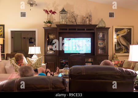 Amici guardare la partita di calcio in TV a schermo grande, STATI UNITI D'AMERICA Foto Stock