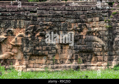Dettaglio delle sculture di elefante su di un antico muro di pietra arenaria della terrazza di elefanti, una recensione piattaforma utilizzata dal Re Jayavarman VII nel decimo centu Foto Stock