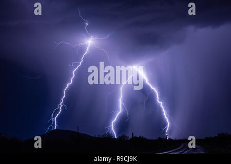 I fulmini vibranti colpiscono durante una tempesta di tuoni estiva in Arizona Foto Stock