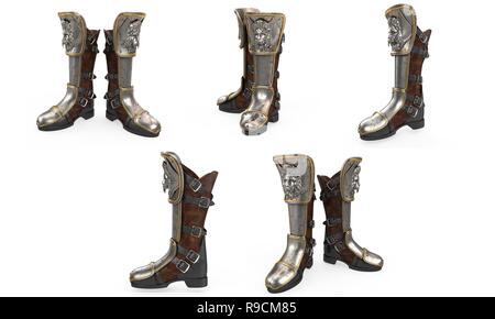Fantasia di ferro alti stivali knight armor isolati su sfondo bianco. 3d illustrazione Foto Stock
