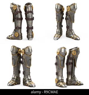 Fantasia di ferro alti stivali knight armor isolati su sfondo bianco. 3d illustrazione Foto Stock