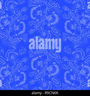 Sfondo blu decorato con motivi floreali frosty ornamento composizione. Illustrazione Vettoriale