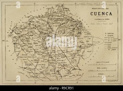 Mapa de la provincia de Cuenca. Crónica General de España, Historia Ilustrada y Descriptiva de sus Provincias. Castilla-La Nueva, 1869. Biblioteca Histórico Militar de Barcelona. Cataluña, España. Foto Stock