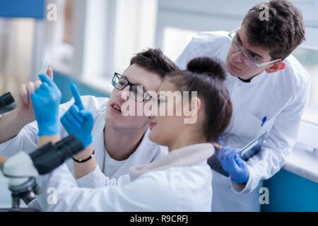 Gruppo di giovani studenti di medicina di Fare insieme ricerca in laboratorio di chimica,il lavoro di squadra da studente di college in ambienti interni Foto Stock