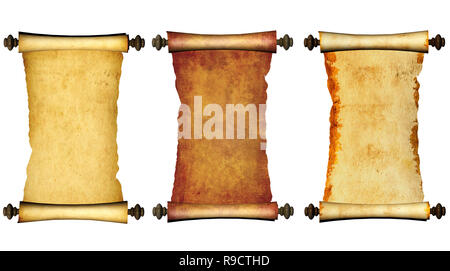 Collezione di antiche pergamene. Isolato su sfondo bianco Foto Stock