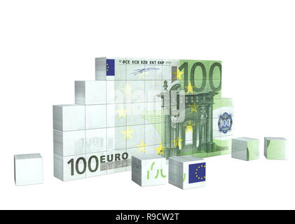 Elementi del puzzle con la banconota di euro. Isolato su sfondo bianco Foto Stock