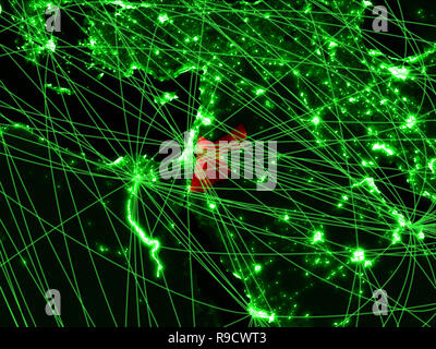 La giordania sulla mappa verde con le reti. Concetto di viaggi internazionali, la comunicazione e la tecnologia. 3D'illustrazione. Gli elementi di questa immagine fornita da Foto Stock