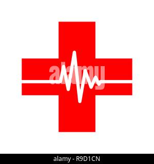 Croce medica con icona di heartbeat in stile appartamento. Illustrazione Vettoriale. Rosso simbolo medico isolato Illustrazione Vettoriale