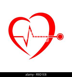 Cuore rosso icona con segno heartbeat nel design piatto. Illustrazione Vettoriale. Simbolo di medico Illustrazione Vettoriale