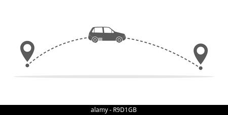 Auto e il suo percorso di viaggio o traccia con marcatori di posizione. Illustrazione Vettoriale. Concetto di viaggio Illustrazione Vettoriale