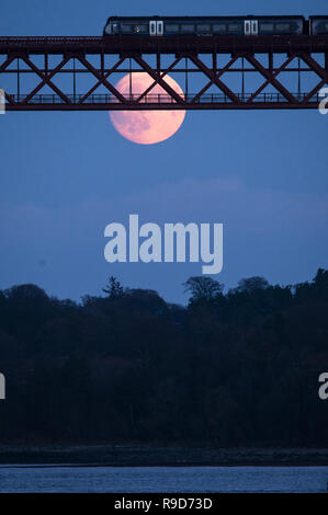 Un 96,9% Waxing Gibbous luna sorge sopra il Ponte di Forth Rail in Edimburgo, con treni che transitano sul ponte. Dotato di: Luna dove: South Queensferry, Regno Unito quando: 21 Nov 2018 Credit: Euan ciliegio/WENN Foto Stock