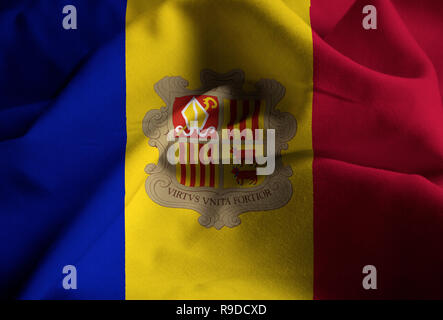 Primo piano della increspato bandiera di Andorra, ANDORRA Bandiera soffiando nel vento Foto Stock