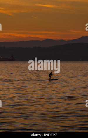 Donna su paddleboard di English Bay, Vancouner al tramonto Foto Stock