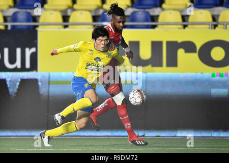 SINT TRUIDEN, Belgio - 22 dicembre : Takehiro Tomiyasu difensore di Sint-Truiden e Ilombe Mboyo di Kv Kortrijk lotta per la palla durante la Jupiler Pro League Match Day 20 tra STVV e KV Kortrijk su dicembre 22, 2018 in Sint Truiden, Belgio . Foto Stock