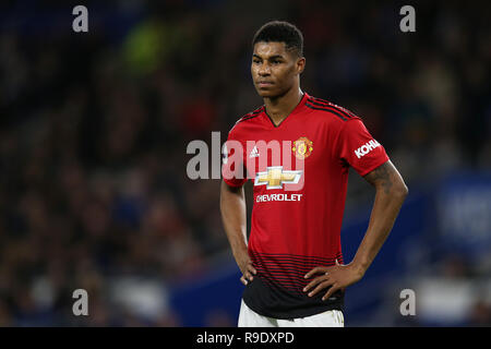 Cardiff, Regno Unito. 22 Dic, 2018. Marcus Rashford del Manchester United guarda.match di Premier League, Cardiff City v Manchester Utd al Cardiff City Stadium sabato 22 dicembre 2018. Questa immagine può essere utilizzata solo per scopi editoriali. Solo uso editoriale, è richiesta una licenza per uso commerciale. Nessun uso in scommesse, giochi o un singolo giocatore/club/league pubblicazioni. pic da Andrew Orchard/Andrew Orchard fotografia sportiva/Alamy Live news Credito: Andrew Orchard fotografia sportiva/Alamy Live News Foto Stock