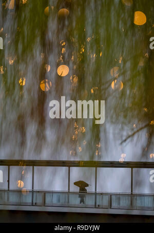 Wolfsburg, Germania. 23 Dic, 2018. Una persona che indossa antipioggia e un ombrello attraversa un ponte. Nella parte anteriore del supporto IT di alberi, che sono decorate con luci di Natale. Credito: Peter Steffen/dpa/Alamy Live News Foto Stock