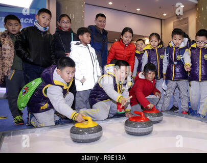 Pechino, Cina. 23 Dic, 2018. I bambini sperimentano il curling durante un ghiaccio e neve fair di Pechino, capitale della Cina, Dic 23, 2018. Credito: Chen Xiaogen/Xinhua/Alamy Live News Foto Stock