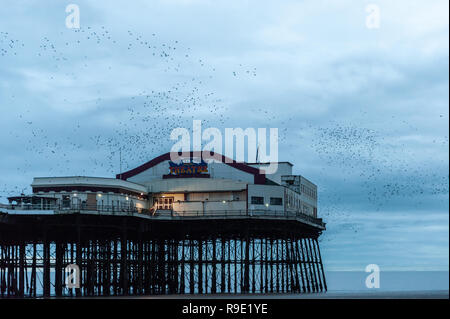 Blackpool, Regno Unito. 23 Dic, 2018. Come tenebre cade su North Pier di Blackpool, migliaia di storni volare in spettacolari murmurations prima di posatoio sotto il molo per la notte. Credito: Andy Gibson/Alamy Live News. Foto Stock