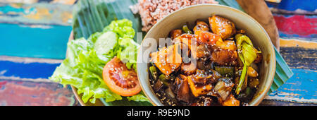 Popolare pasto Balinese di riso con varietà di piatti laterali che sono serviti insieme con il riso e più come extra opzionali banner, formato lungo Foto Stock