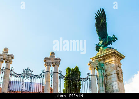 La statua di bronzo del mitico uccello Turul presso il cancello del palazzo di Buda, la Collina del Castello a Budapest, Ungheria Foto Stock