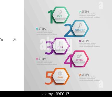 Carta infografico verticale modello con 5 opzioni esagonale per la presentazione e la visualizzazione di dati.Business grafico di processo.Schema con cinque passi per il successo 1.Per i contenuti,Diagramma di flusso,workflow.vettore Illustrazione Vettoriale