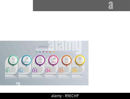 Infografico della carta modello con 6 opzioni per la presentazione e la visualizzazione di dati. Processo di business grafico. Diagramma con sei passaggi per il successo.Per il contenuto, del diagramma di flusso, il flusso di lavoro. Illustrazione Vettoriale Illustrazione Vettoriale