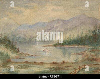 Antique c1890 la pittura di un lago di montagna paesaggio con barche. Fonte: Dipinto originale Foto Stock