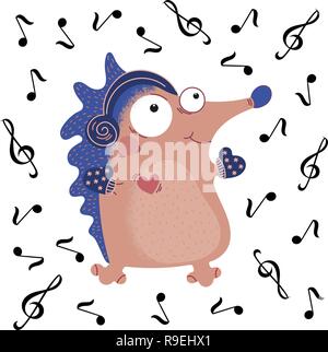 HEDGEHOG musicale il giorno di San Valentino Cartoon divertente Set di animale per la stampa e la decorazione. Illustrazione Vettoriale