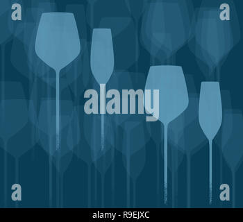 Stemware, vino e champagne sono visti in un contesto di design. Si tratta di un'illustrazione. Foto Stock