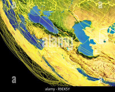 Regione del Caucaso dallo spazio con visibili i confini e le connessioni globali che rappresentano la comunicazione o i viaggi aerei. 3D'illustrazione. Elementi del Foto Stock