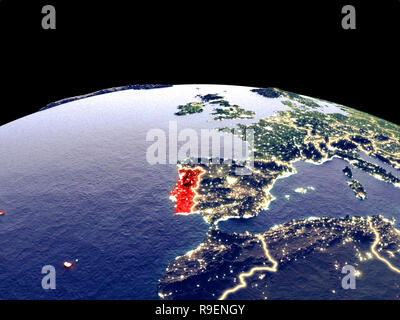 Il Portogallo dallo spazio sul pianeta terra di notte con luminose luci della citta'. Plastica dettagliata pianeta superficie con la montagna vera e propria. 3D'illustrazione. Elementi o Foto Stock