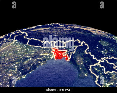 Bangladesh dallo spazio sul pianeta terra di notte con luminose luci della citta'. Plastica dettagliata pianeta superficie con la montagna vera e propria. 3D'illustrazione. Elementi Foto Stock