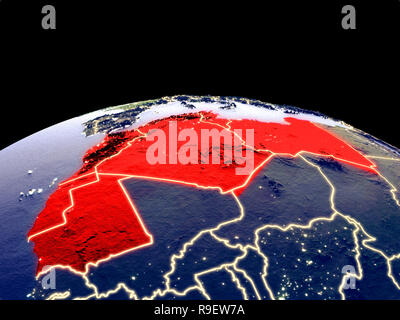 Regione del Maghreb dallo spazio sul pianeta terra di notte con luminose luci della citta'. Plastica dettagliata pianeta superficie con la montagna vera e propria. 3D'illustrazione. Elem Foto Stock
