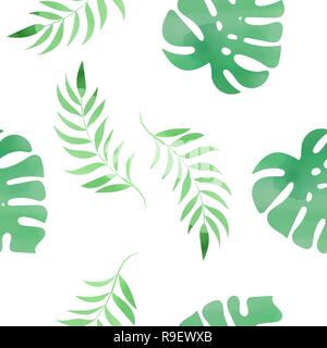 Colore floreale acquerello Seamless Pattern MONSTERA tropicali da foglie verdi su sfondo bianco per Scrapbooking Party e stampa digitale su carta e Illustrazione Vettoriale