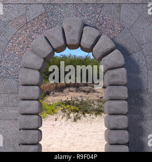 Ciclopica pietra gate con granito parete piastrellata, sabbia e alberi visibili attraverso l'apertura. 3D render. Foto Stock