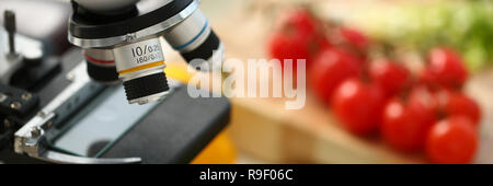 La testa del microscopio su sfondo di cucina Foto Stock