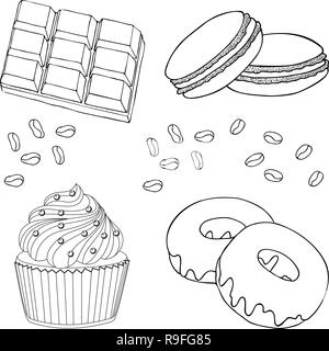 Dolci al cioccolato. Tortina di cioccolato, ciambella o a ciambella, torta macaron o amaretto, cioccolato e chicchi di caffè isolato. Illustrazione Vettoriale Illustrazione Vettoriale