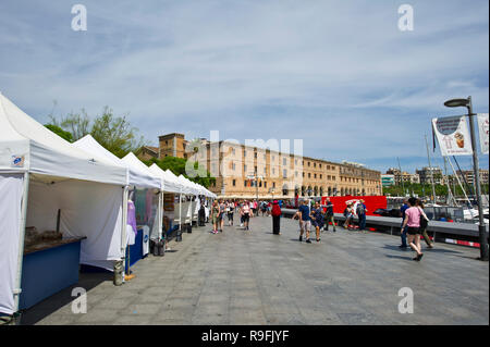 Una fila di bancarelle di vendita di tutti i tipi di arte e artigianato lungo la passeggiata vicino al Museo di Storia della Catalogna a Barcellona, Spagna Foto Stock