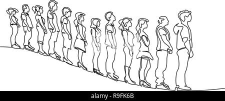 Continuo di un disegno della linea. Un gruppo di persone in attesa in linea silhouette isolati su sfondo bianco. Illustrazione Vettoriale Illustrazione Vettoriale