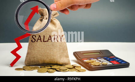 Borsa con il denaro e la parola stipendio e freccia in alto con la calcolatrice. aumento di salario, sui tassi salariali. promozione, crescita professionale. elevare il tenore di vita. Foto Stock