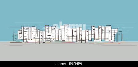 Mano bozzetto di edifici alti in un trafficato centro città con cielo blu e grigio marciapiede colore di sfondo Illustrazione Vettoriale