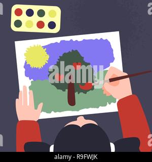 Vista dall'alto di una tavola con draw mani. Illustrazione Vettoriale di atelier di pittura. Creative art lab template.Paint, tele, pennelli e altri accessori Illustrazione Vettoriale